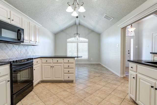 kitchen featuring light tile patterned floors, white cabinetry, tasteful backsplash, black appliances, and vaulted ceiling