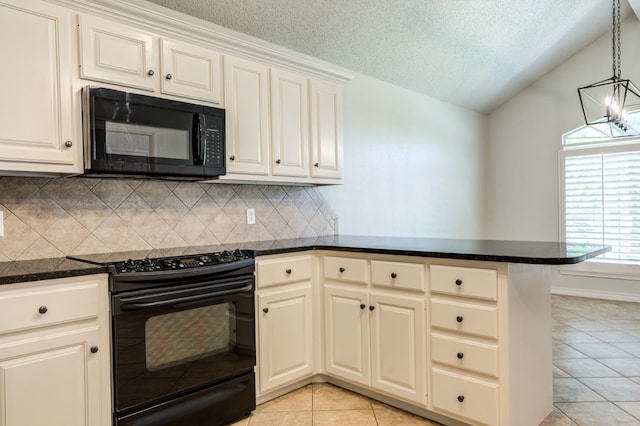 kitchen featuring vaulted ceiling, light tile patterned flooring, black appliances, kitchen peninsula, and a textured ceiling