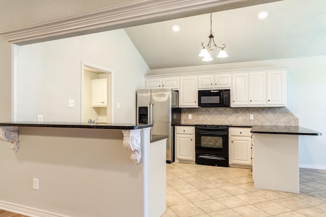 kitchen featuring white cabinetry, a kitchen bar, vaulted ceiling, and black appliances