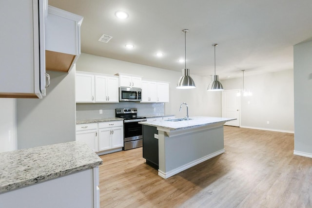 kitchen featuring a sink, white cabinets, appliances with stainless steel finishes, decorative backsplash, and light wood finished floors