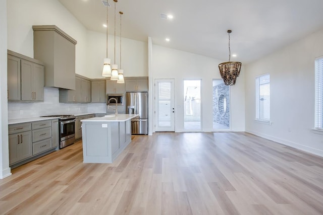 kitchen featuring gray cabinets, decorative backsplash, hanging light fixtures, stainless steel appliances, and a center island with sink