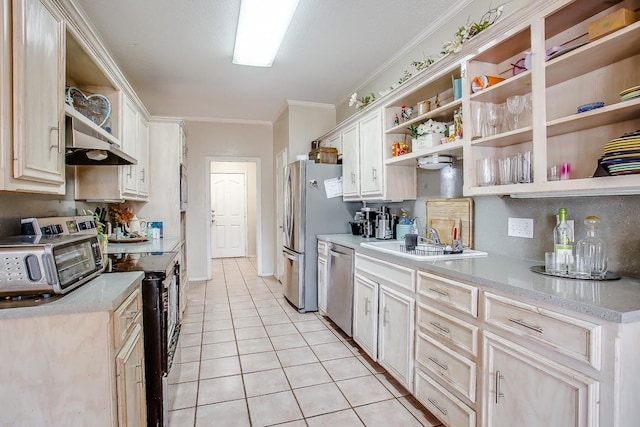 kitchen featuring appliances with stainless steel finishes, sink, backsplash, ornamental molding, and light tile patterned floors