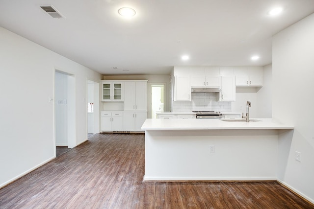 kitchen featuring sink, white cabinets, decorative backsplash, stainless steel range with electric stovetop, and dark wood-type flooring