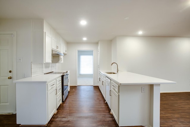 kitchen featuring white cabinetry, stainless steel electric stove, and sink