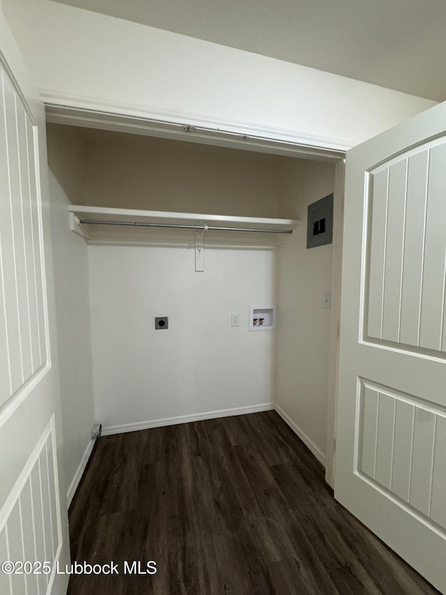 440 W Scott St, Slaton, TX 79364 - laundry area with hookup for a washing machine, electric dryer hookup, dark wood finished floors, and baseboards
