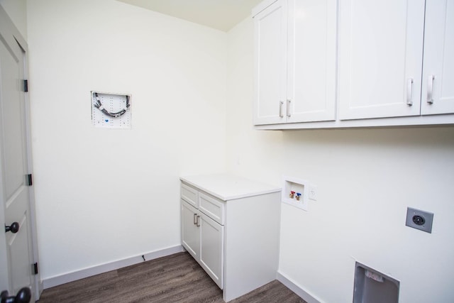 1312 Chaucer Ln, Wolfforth, TX 79382 - laundry area featuring cabinet space, hookup for an electric dryer, dark wood-style flooring, and washer hookup