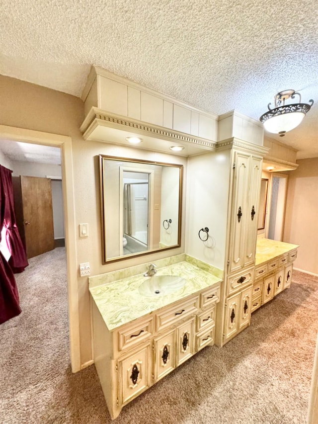 interior space featuring light colored carpet, sink, and a textured ceiling