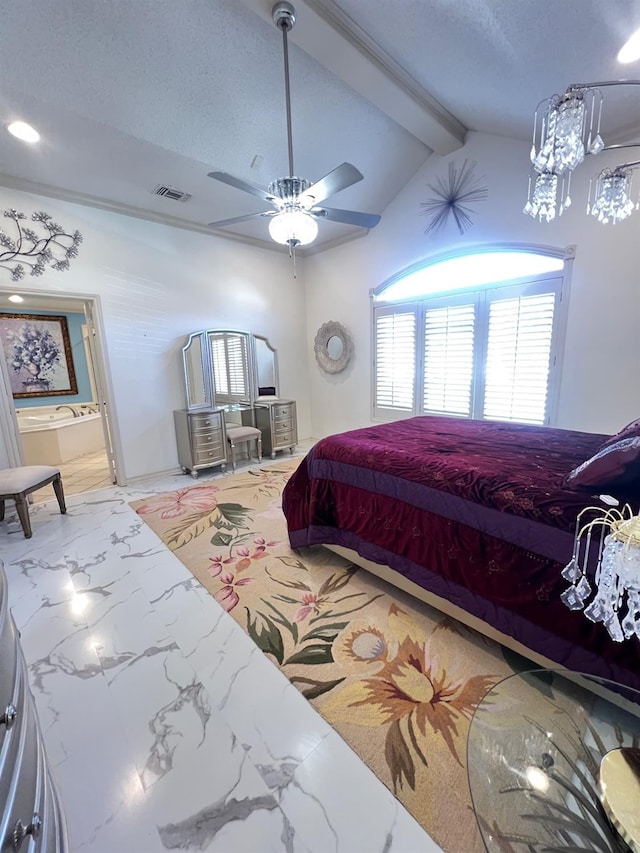 bedroom featuring ensuite bath, lofted ceiling with beams, ceiling fan, and a textured ceiling