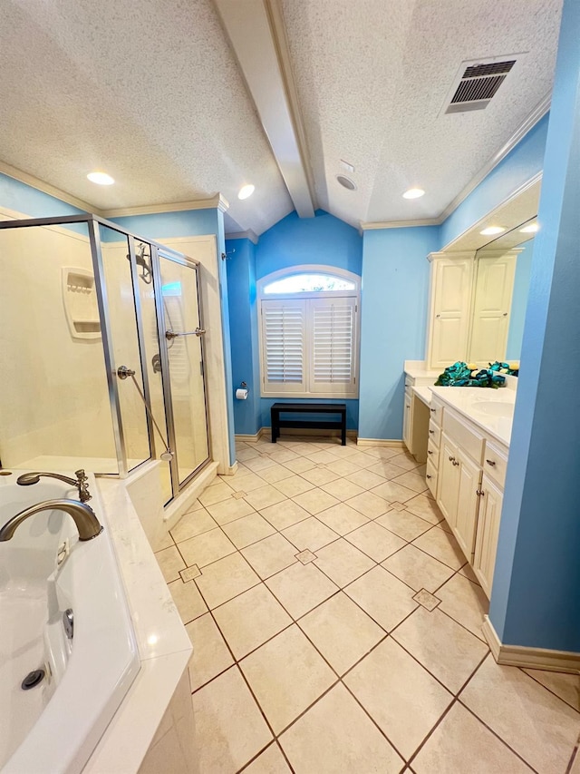 bathroom featuring tile patterned floors, vaulted ceiling with beams, a textured ceiling, vanity, and independent shower and bath