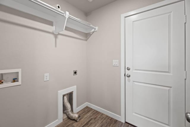 clothes washing area with electric dryer hookup, hookup for a washing machine, and dark hardwood / wood-style floors