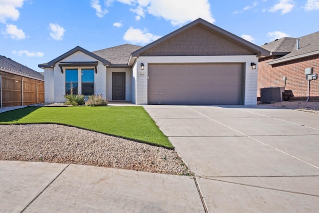 single story home with a garage, cooling unit, and a front lawn