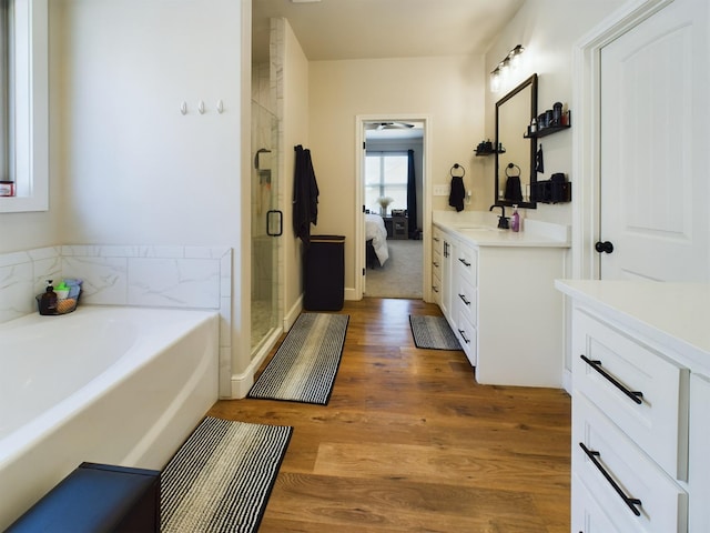 bathroom featuring vanity, wood-type flooring, and independent shower and bath