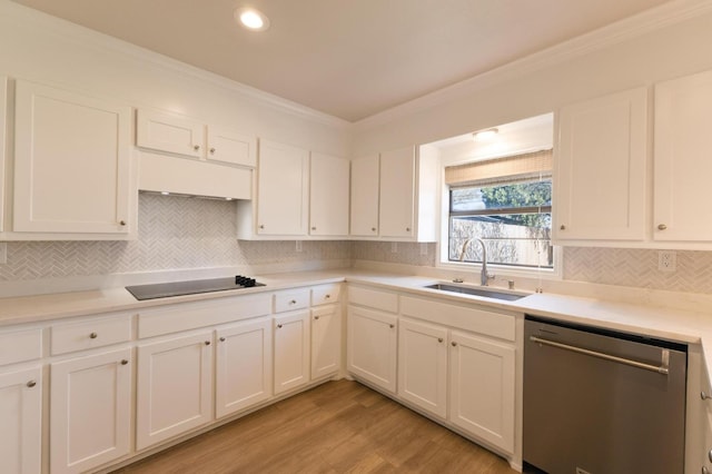 kitchen featuring sink, dishwasher, black electric stovetop, ornamental molding, and white cabinets