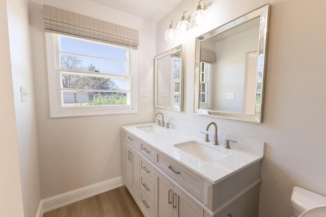 bathroom featuring vanity, hardwood / wood-style floors, and toilet