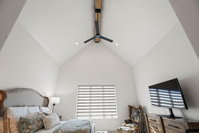 bedroom featuring beamed ceiling and high vaulted ceiling