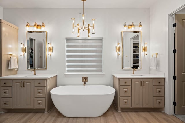 bathroom with vanity, a bath, and hardwood / wood-style floors