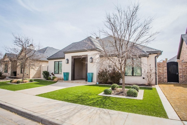 view of front facade with a front yard, a gate, and stucco siding