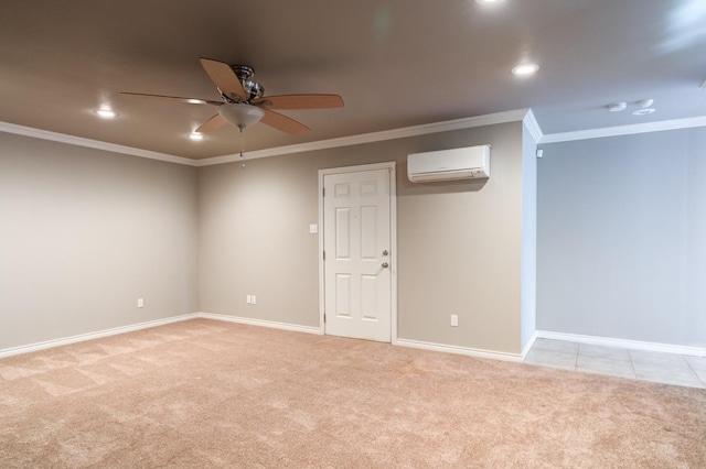 spare room with ceiling fan, ornamental molding, a wall mounted air conditioner, and light carpet