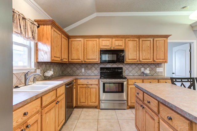 kitchen with sink, crown molding, light tile patterned floors, backsplash, and black appliances