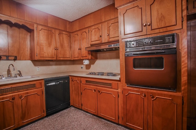kitchen with white cooktop, sink, a textured ceiling, dishwasher, and oven