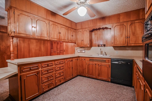 kitchen with sink, a textured ceiling, dishwasher, kitchen peninsula, and ceiling fan