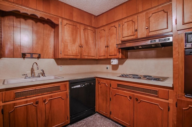 kitchen with sink, black dishwasher, white electric cooktop, a textured ceiling, and exhaust hood