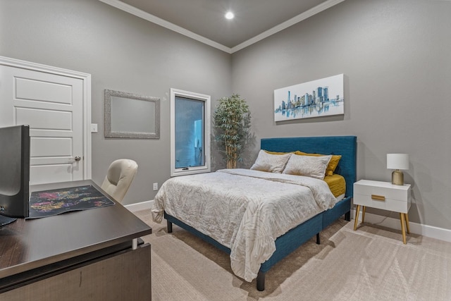 carpeted bedroom featuring ornamental molding