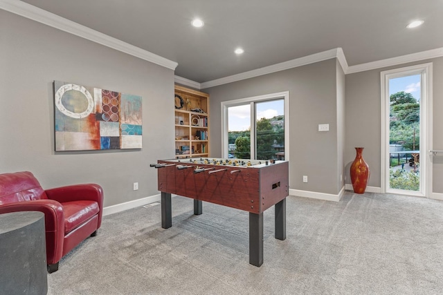 playroom featuring crown molding, a wealth of natural light, and carpet