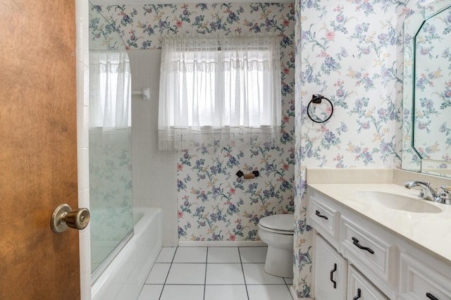 full bathroom with vanity, shower / washtub combination, tile patterned floors, and toilet