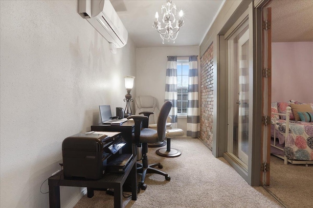 office space featuring an AC wall unit, carpet, and an inviting chandelier