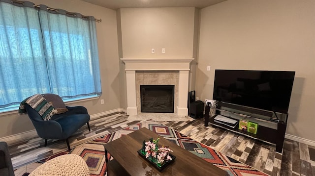 living room featuring a fireplace