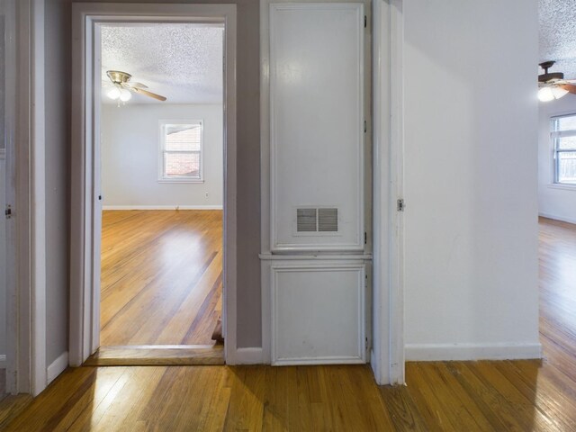 corridor with light hardwood / wood-style flooring, a textured ceiling, and plenty of natural light