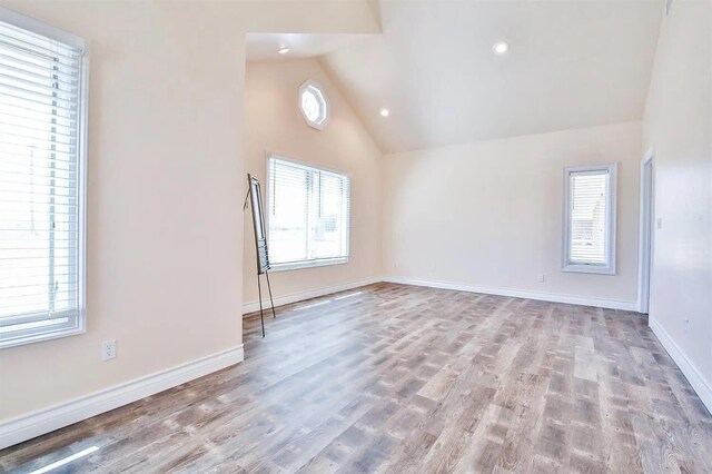 spare room featuring high vaulted ceiling, a healthy amount of sunlight, and light hardwood / wood-style floors