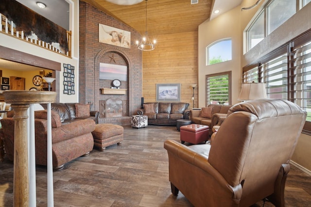 living room with dark hardwood / wood-style flooring, wood ceiling, a fireplace, and high vaulted ceiling