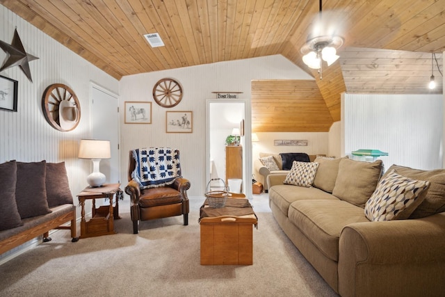 carpeted living room with lofted ceiling, wooden ceiling, and ceiling fan