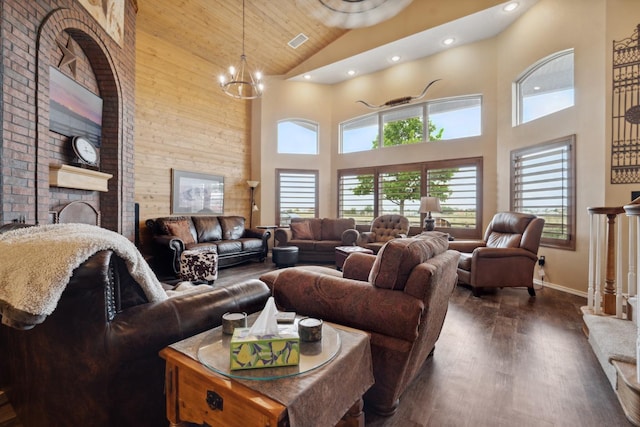 living room featuring wooden ceiling, dark hardwood / wood-style flooring, high vaulted ceiling, and a notable chandelier