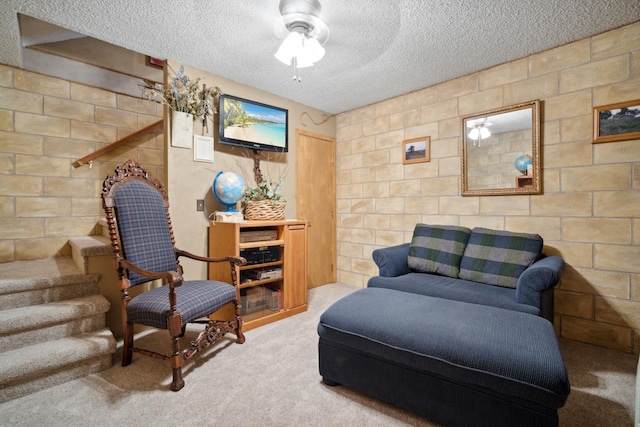 sitting room featuring a textured ceiling and carpet