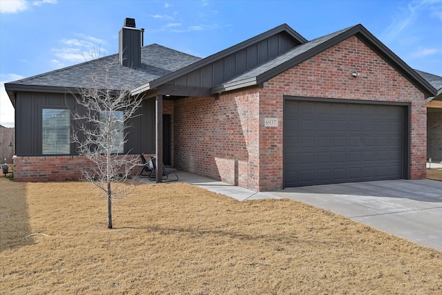 6937 12th St, Lubbock, TX 79416 - single story home featuring concrete driveway, a chimney, an attached garage, brick siding, and a shingled roof