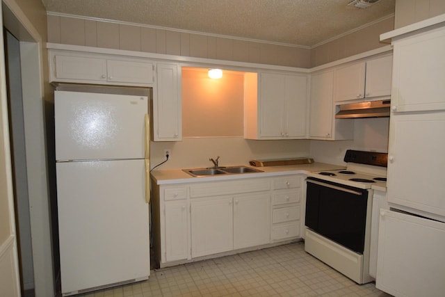 kitchen featuring sink, white cabinets, ornamental molding, white appliances, and a textured ceiling