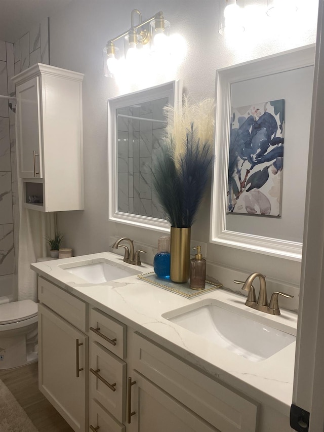 bathroom featuring walk in shower, vanity, and toilet