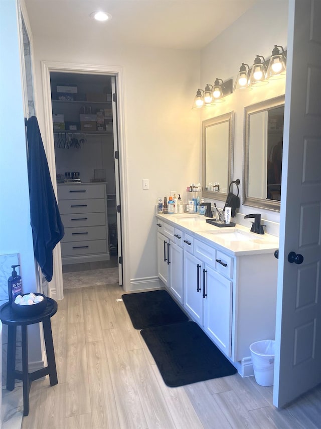 bathroom with wood-type flooring and vanity