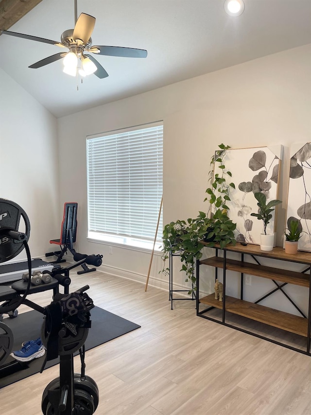 workout room featuring ceiling fan, lofted ceiling, and light wood-type flooring