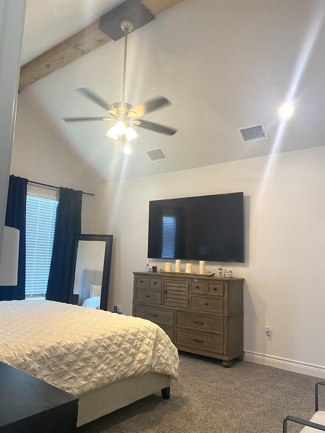 bedroom featuring vaulted ceiling with beams, ceiling fan, and carpet flooring