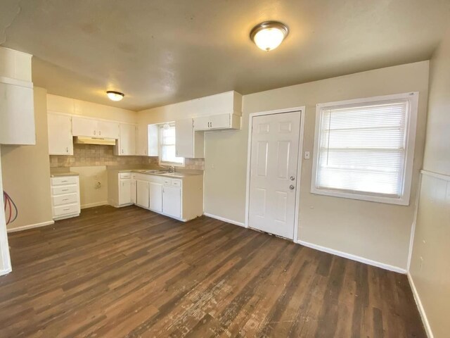 kitchen with white cabinetry, sink, dark wood-type flooring, and decorative backsplash