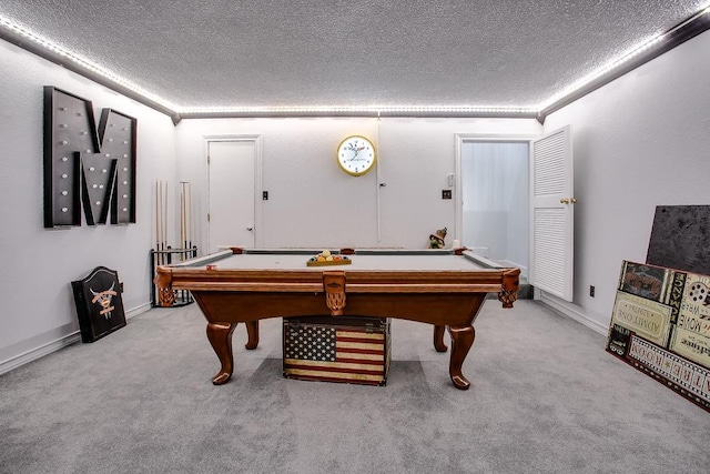5810 116th St, Lubbock, TX 79424 - recreation room with carpet floors, billiards, and a textured ceiling