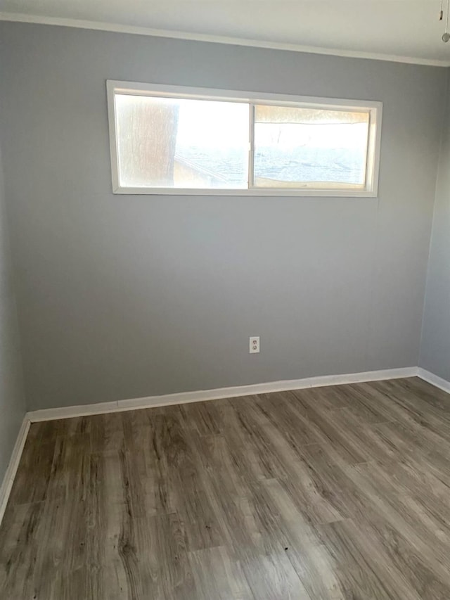 spare room featuring wood-type flooring and crown molding