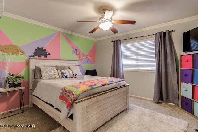 5417 89th St, Lubbock, TX 79424 - bedroom with carpet flooring, a ceiling fan, and ornamental molding