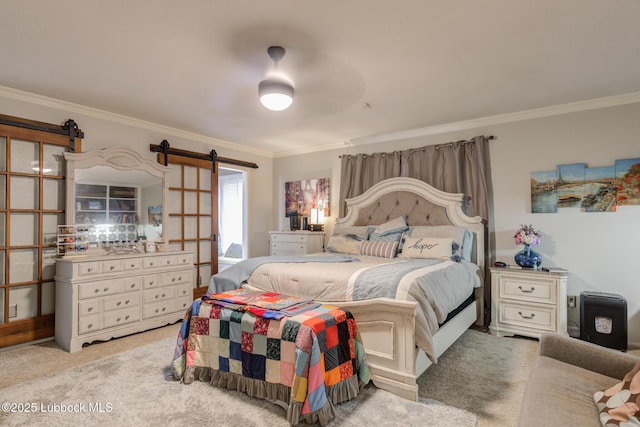5417 89th St, Lubbock, TX 79424 - bedroom with crown molding, ceiling fan, light colored carpet, and a barn door