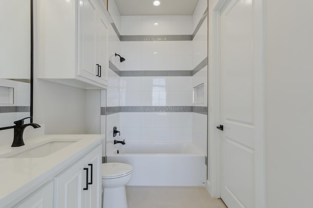 bathroom with toilet, recessed lighting, vanity, shower / bathtub combination, and tile patterned floors