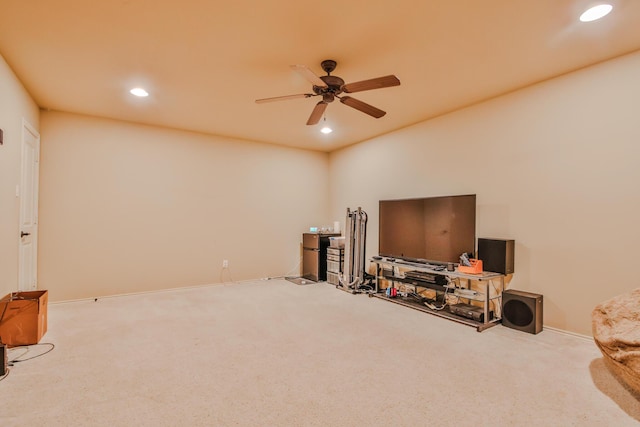 interior space featuring carpet, a ceiling fan, and recessed lighting